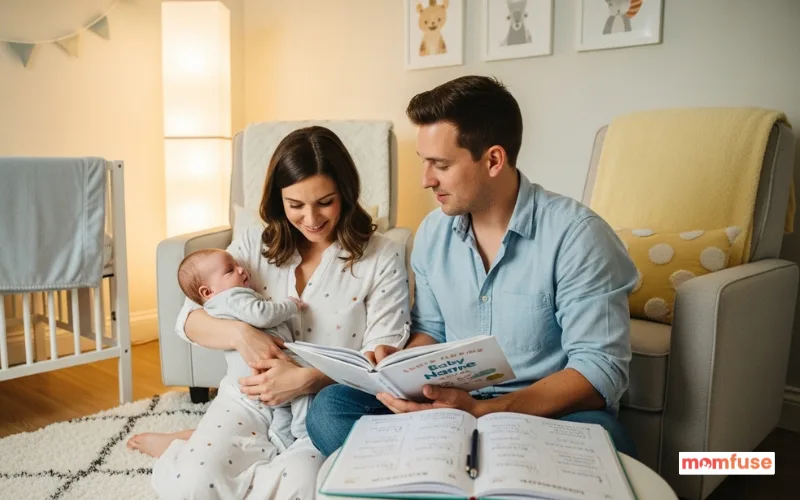 Parents sitting in a cozy nursery, holding their baby while reviewing a baby name book.