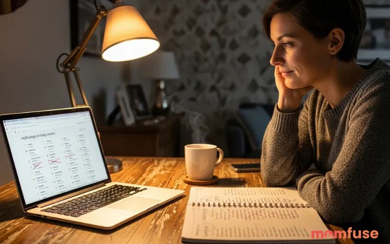 Realistic scene of a thoughtful parent sitting at a wooden desk with notebooks full of baby names, researching mythological names on a laptop, warm indoor lighting, thoughtful expression while choosing a meaningful name, modern home environment