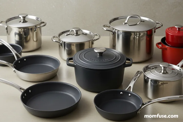 Flat lay of different cookware items including frying pans, Dutch ovens, saucepans, and stock pots.