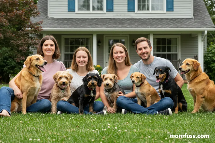 A cheerful family sitting on the grass in front of a cozy suburban home, surrounded by various dog breeds.