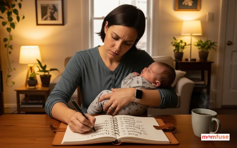 thoughtful mothoer holding baby while writing possible names in notebook.