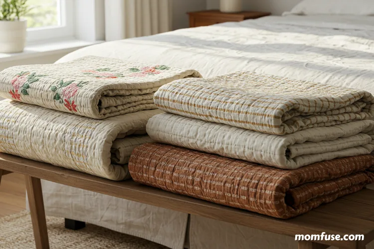 An assortment of folded quilts on a bench at the end of a bed each with unique textures.