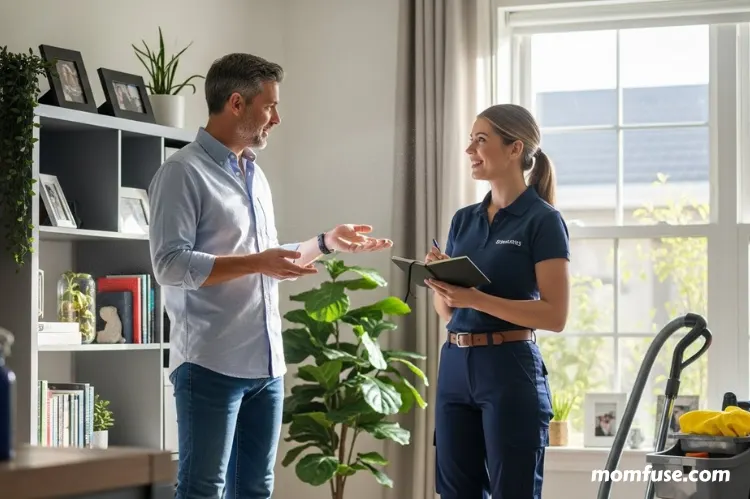 A homeowner calmly discussing cleaning preferences with a professional cleaner, friendly conversation.