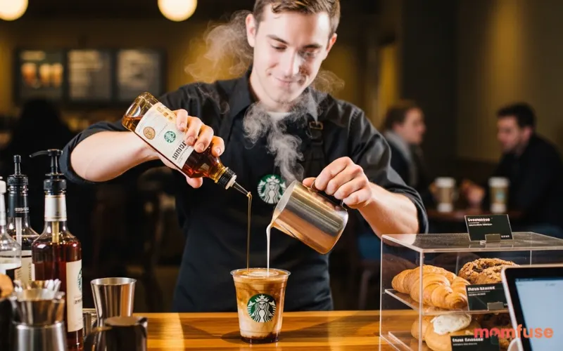 “barista making custom Starbucks drink, pouring syrup and milk, coffee shop counter, warm lighting”