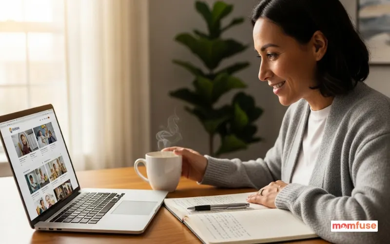 Parent browsing childcare options on laptop, notebook and coffee beside, bright morning light, focused and hopeful mood.