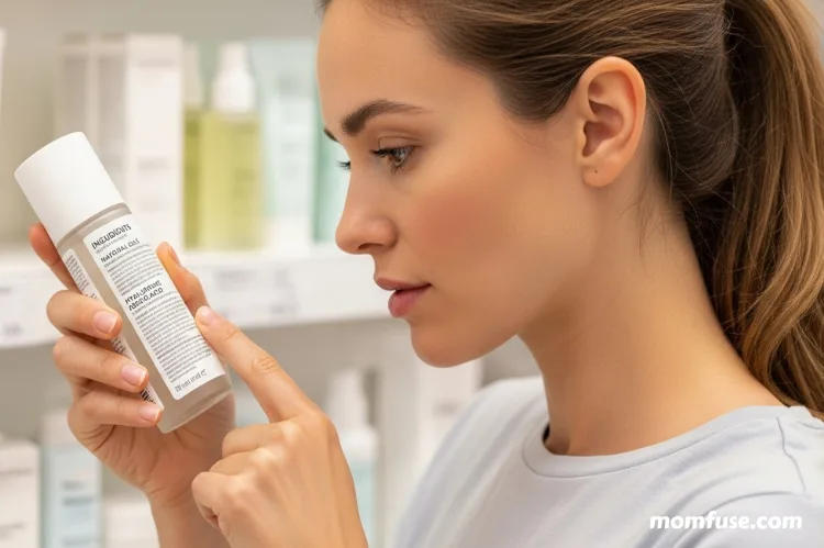 woman reading cosmetic ingredient label, focus on natural oils and hyaluronic acid, skincare shopping scene.