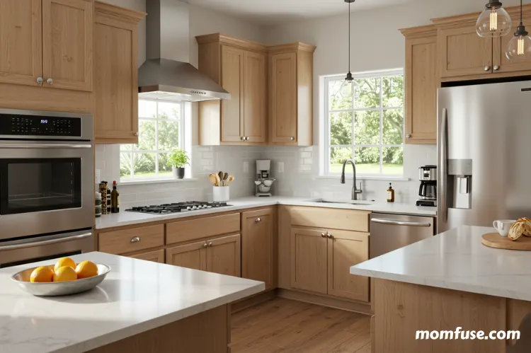 A cozy, modern kitchen with clean and shiny household appliances.