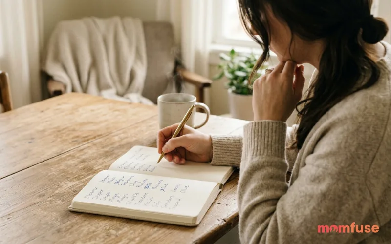 “parent writing baby names in notebook, soft warm lighting, cozy home setting, thoughtful mood, minimal aesthetic”
