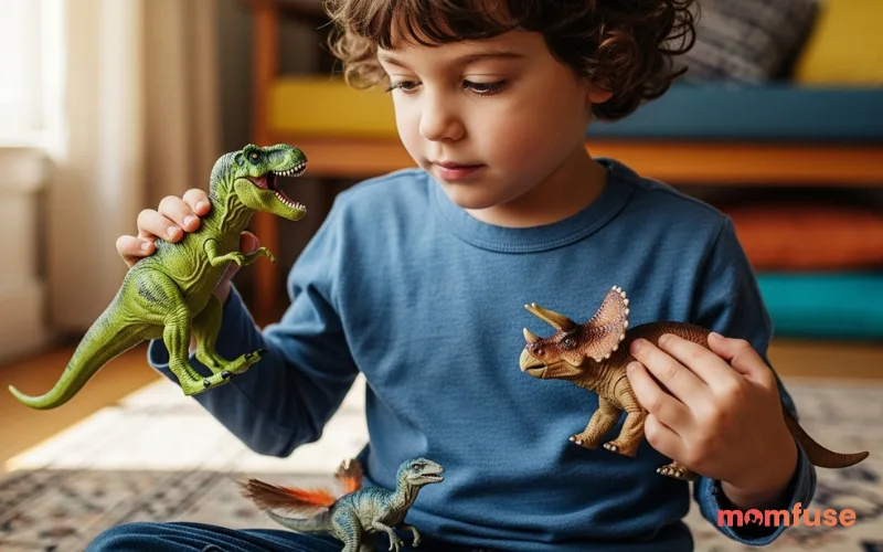 Child holding different dinosaur toys (T-Rex, Triceratops, raptor), choosing between them, warm indoor lighting, natural candid moment