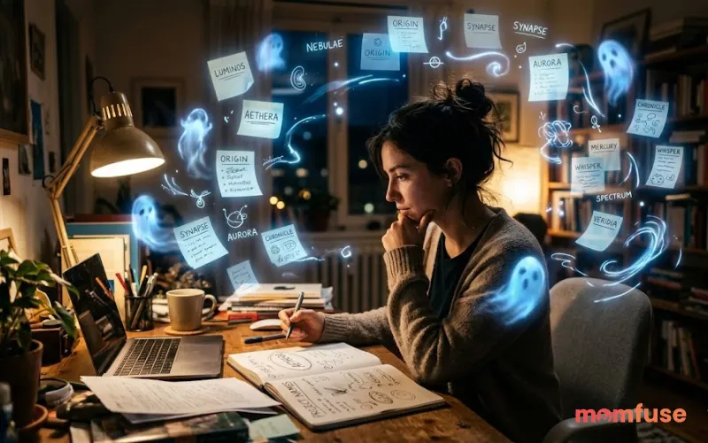 Person sitting at desk brainstorming names, surrounded by ghostly shapes and notes floating in air, soft blue glow, realistic indoor lighting, creative atmosphere