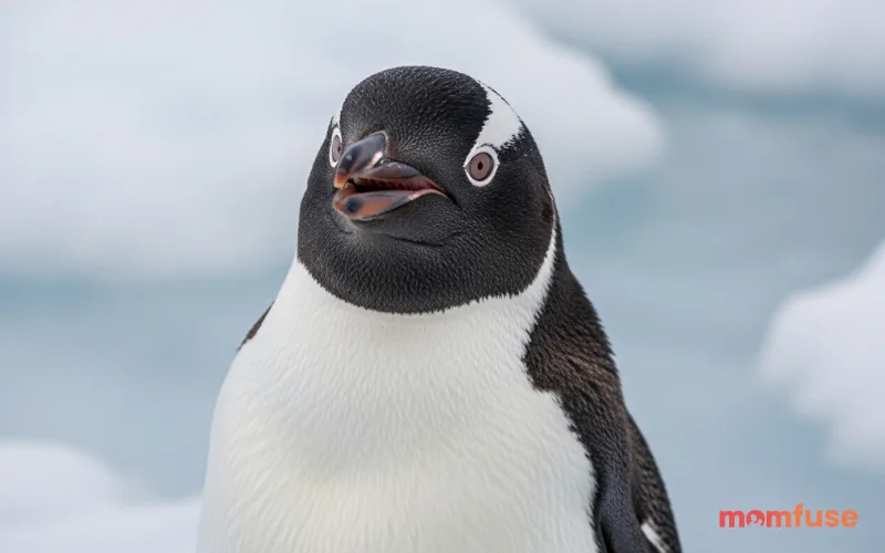 Single penguin looking curious and expressive, standing upright on ice, close-up portrait, soft natural lighting, high detail feathers