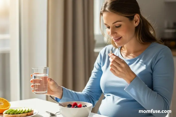 Pregnant woman taking prenatal vitamins with a glass of water at breakfast