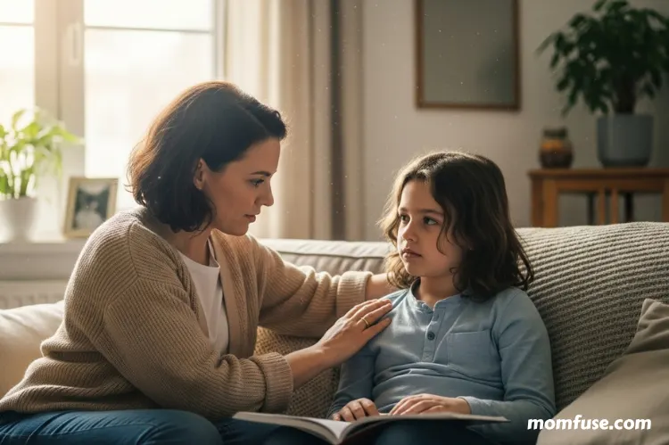 A parent gently talking with their child at home about school, concerned but supportive mood.