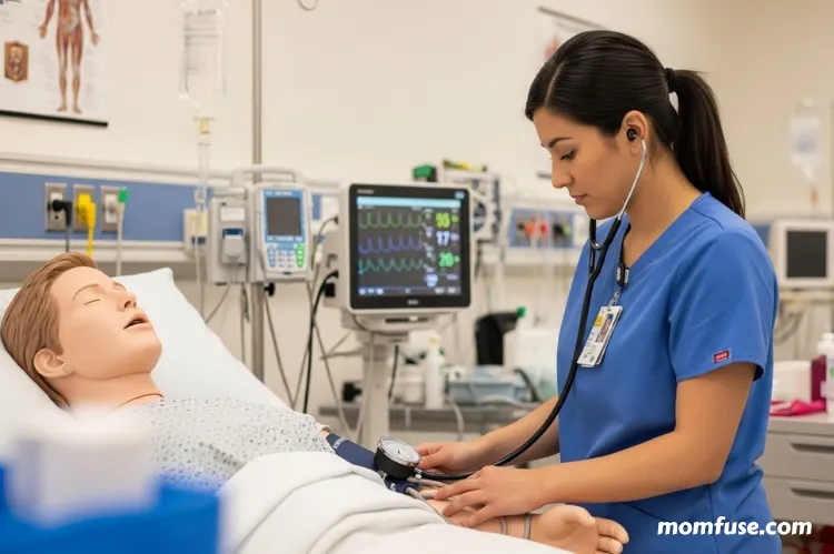 A nursing student practicing clinical skills like checking vitals in a simulation lab.