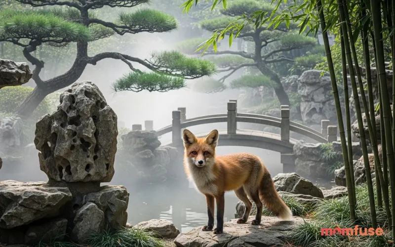 “realistic fox in ancient chinese garden setting, soft mist, natural lighting, elegant atmosphere