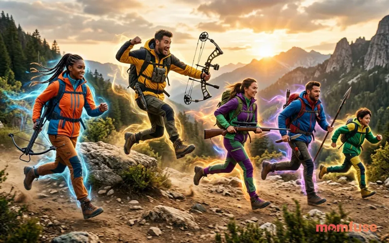 “anime hunters group, colorful outfits, dynamic poses, glowing aura, adventure style, high energy anime aesthetic”