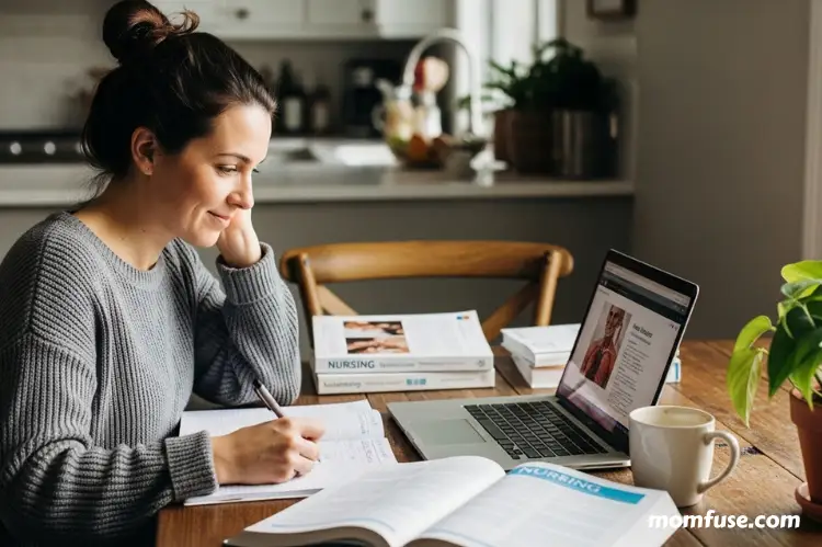 A modern mother studying nursing at home, sitting at a kitchen table with a laptop and notebooks.