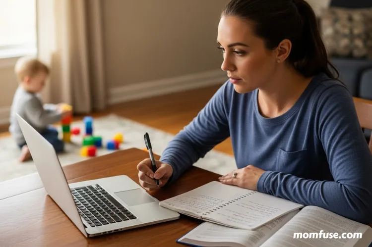 A nursing student mother attending an online class on a laptop while taking notes.