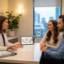 Modern fertility clinic consultation in Toronto, doctor discussing IVF plan with couple.
