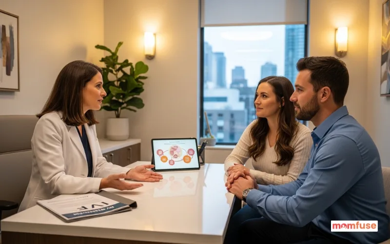 Modern fertility clinic consultation in Toronto, doctor discussing IVF plan with couple.