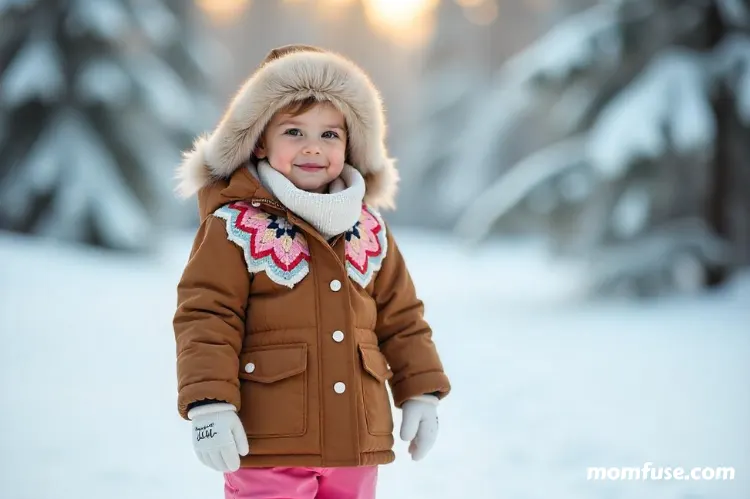 A baby girl dressed in warm winter clothing stands in a snowy landscape.