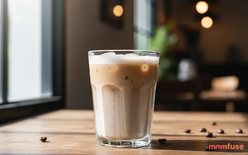 “creamy oatmilk latte with ice, smooth texture, neutral tones, cozy coffee mood”
