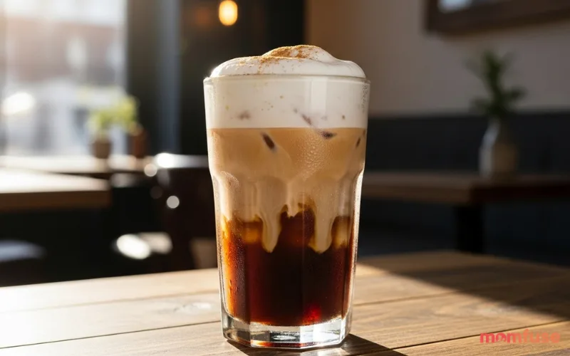 “iced brown sugar oatmilk shaken espresso, foam top, cinnamon sprinkle, glass cup, cozy café morning light”
