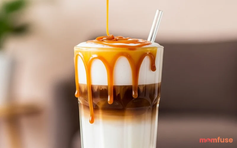 “layered iced caramel macchiato, caramel drizzle, milk and espresso layers visible, aesthetic close-up”