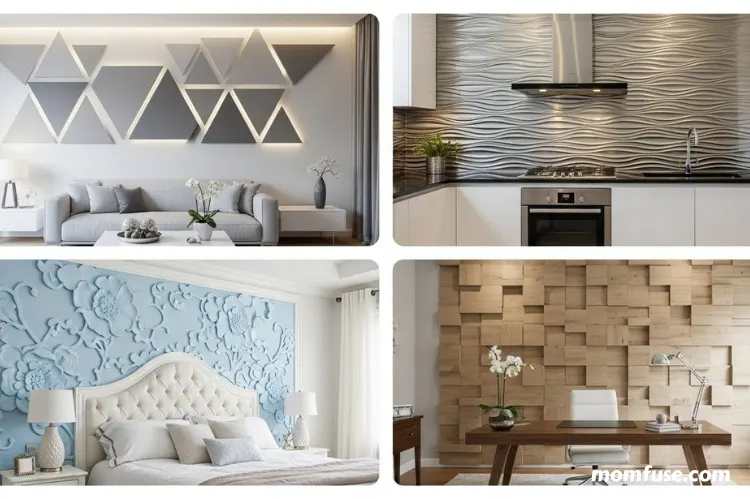 Collage of rooms showcasing creative 3D wall panel use.