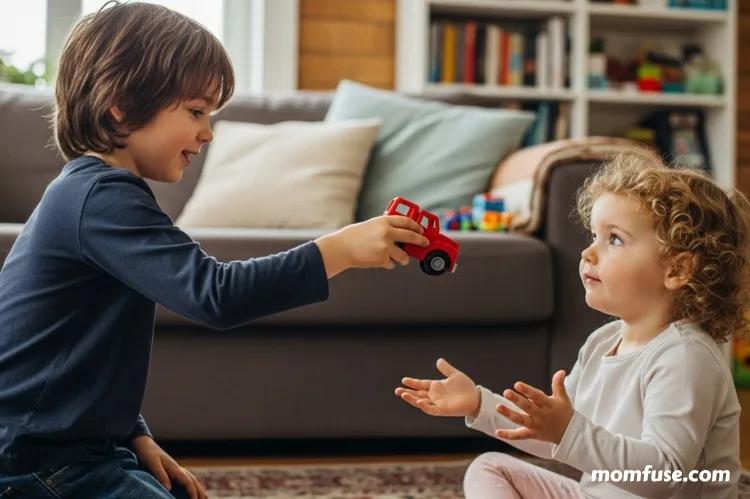 A candid moment of a young child sharing a toy with another child in a living room.
