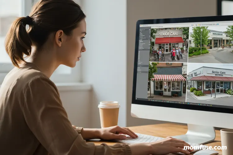 A person browsing franchise opportunities on a computer, with coffee shops, senior care.
