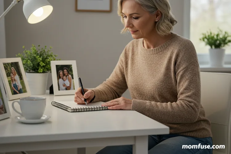 A thoughtful parent sitting at a desk, writing goals in a notebook with family photos.