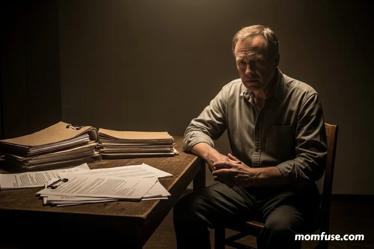 A worried person sitting alone in a dimly lit room with legal documents.