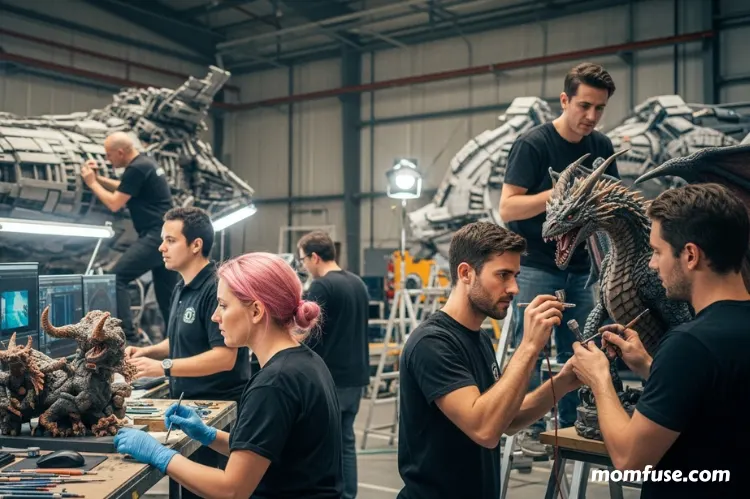 A behind-the-scenes view of a special effects team setting.
