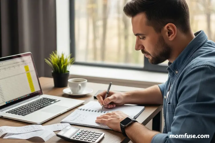A man creating a structured budget on paper and laptop, tracking expenses.
