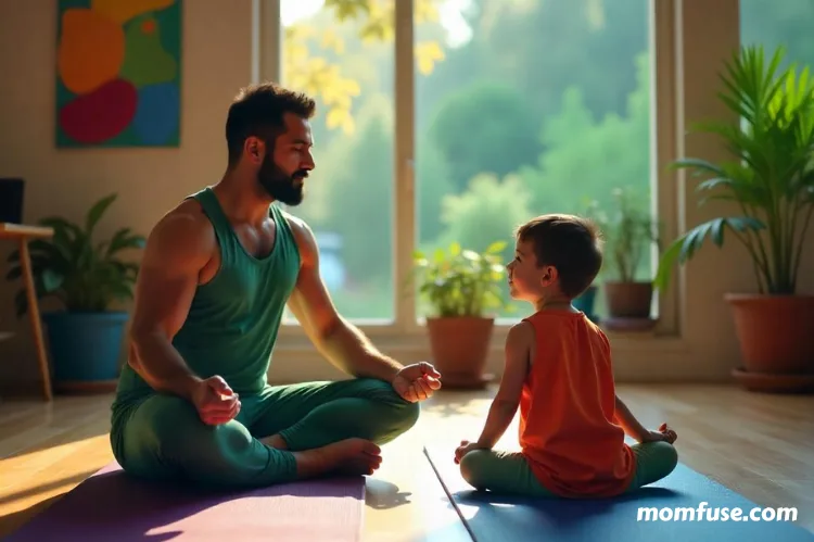 A father and child practicing mindfulness together on yoga mats in a bright, peaceful room.