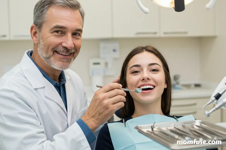 A friendly dentist in a white coat examining a patient’s teeth, with dental tools