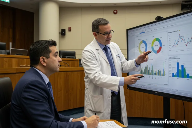 A councillor in formal attire attentively watching a doctor present data on a digital screen.