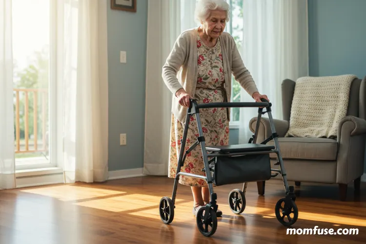 a home elderly woman walking with walker, natural light from windows enter.