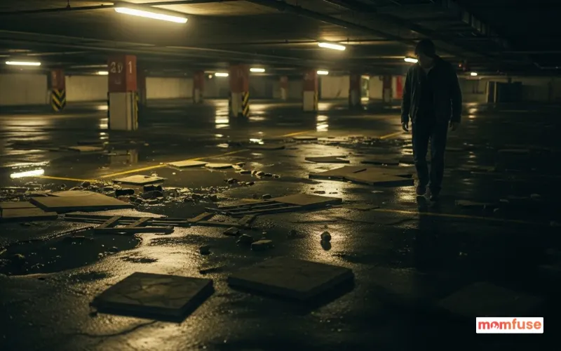 Dimly lit parking garage with visible trip hazards, person cautiously walking, realistic lighting, safety focus.