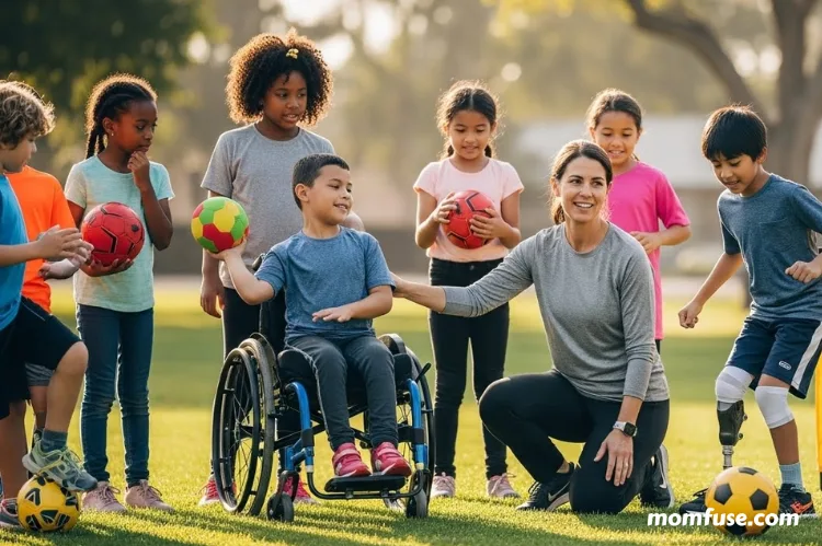 An inclusive sports scene featuring children of different abilities.
