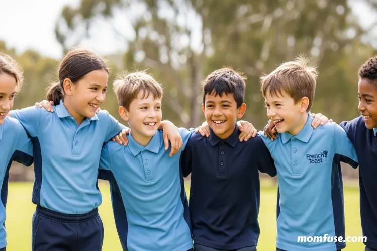 Group of children with different body types wearing French Toast school shirts, smiling outdoors.