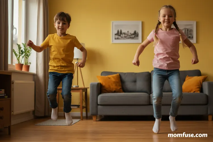 Two children doing jumping jacks in a living room.