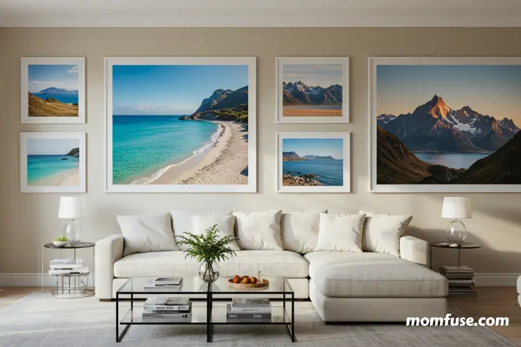 Bright living room decorated with large framed travel photos of beaches and mountains.