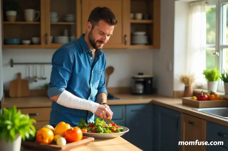 A cozy kitchen scene where a injured man in is preparing a nutritious meal.