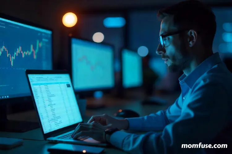 Man wearing glasses working at laptop in a dark room.- protect parents eye health