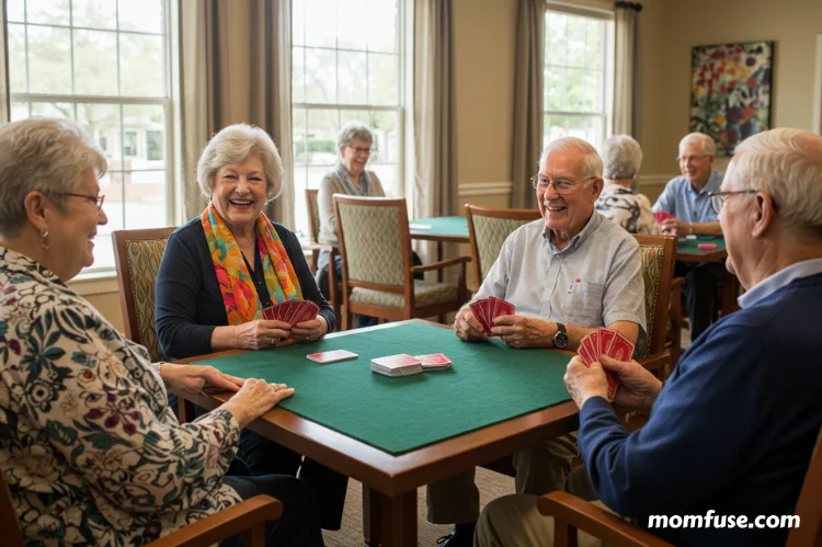 A vibrant senior community scene with older adults playing cards.