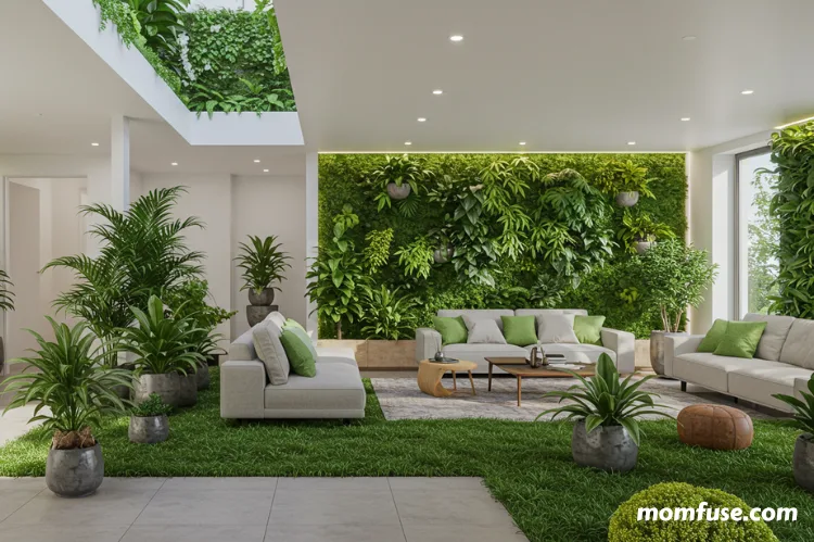 A modern home interior filled with lush greenery, including potted plants,a green wall. 