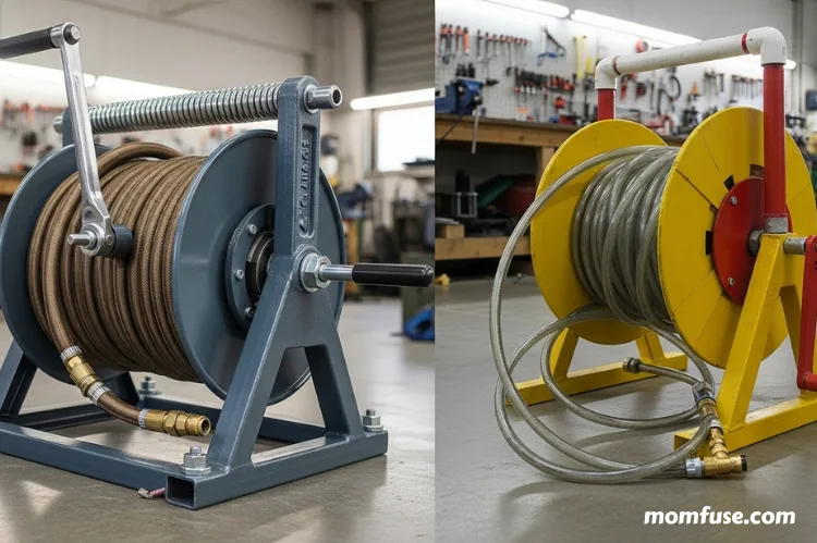 A side-by-side comparison of an industrial air hose reel and a DIY air hose reel.