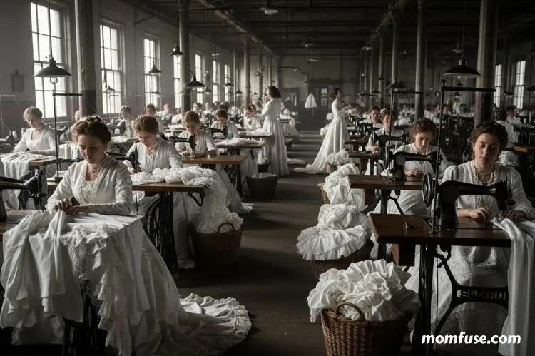 showing 19th-century industrial textile production, sewing machines, and middle-class womens wearing white wedding dresses.